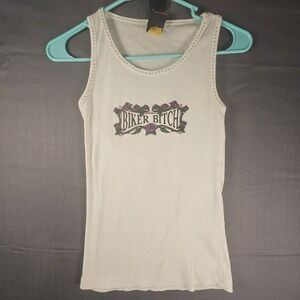 Vintage Biker B**** Graphic Tank Top White Ribbed Cotton Rose XL RN105489